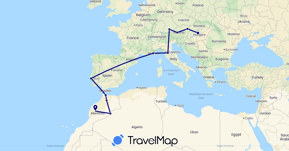 TravelMap itinerary: driving in Austria, Germany, France, Hungary, Italy, Morocco, Monaco, Portugal (Africa, Europe)